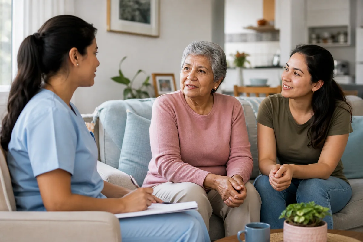 Profesional de salud conversando con una adulta mayor y su familiar durante la evaluación inicial